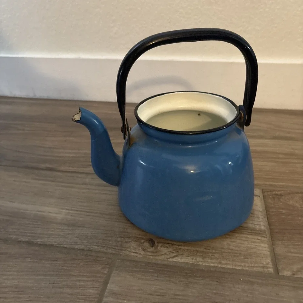 Vintage 1960's Robin egg Blue enamelware Small Teapot Made In Poland- No Lid